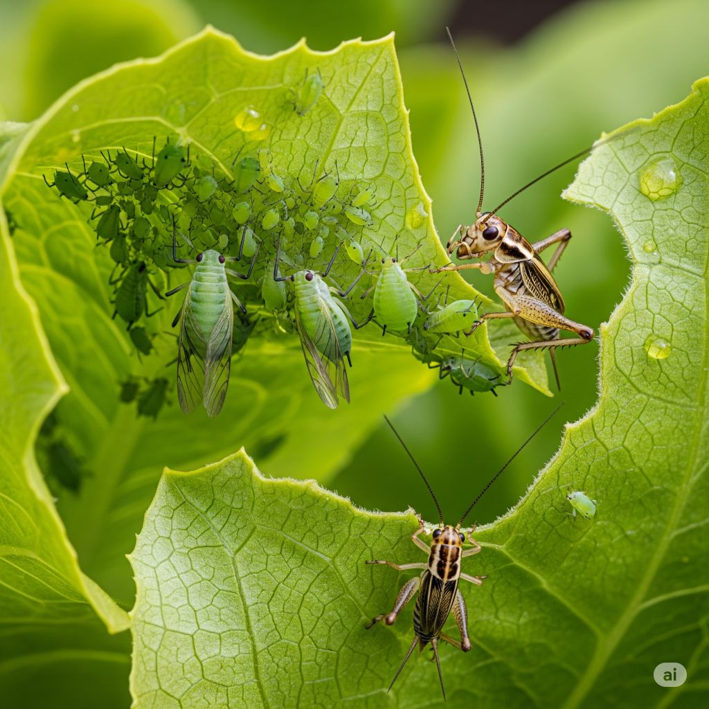 Aphids and Crickets eating lettuce