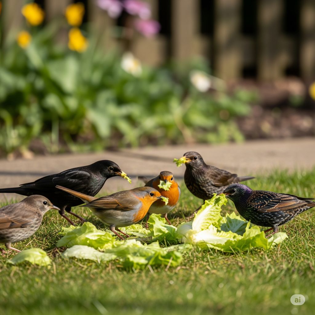 wild birds eating lettuce