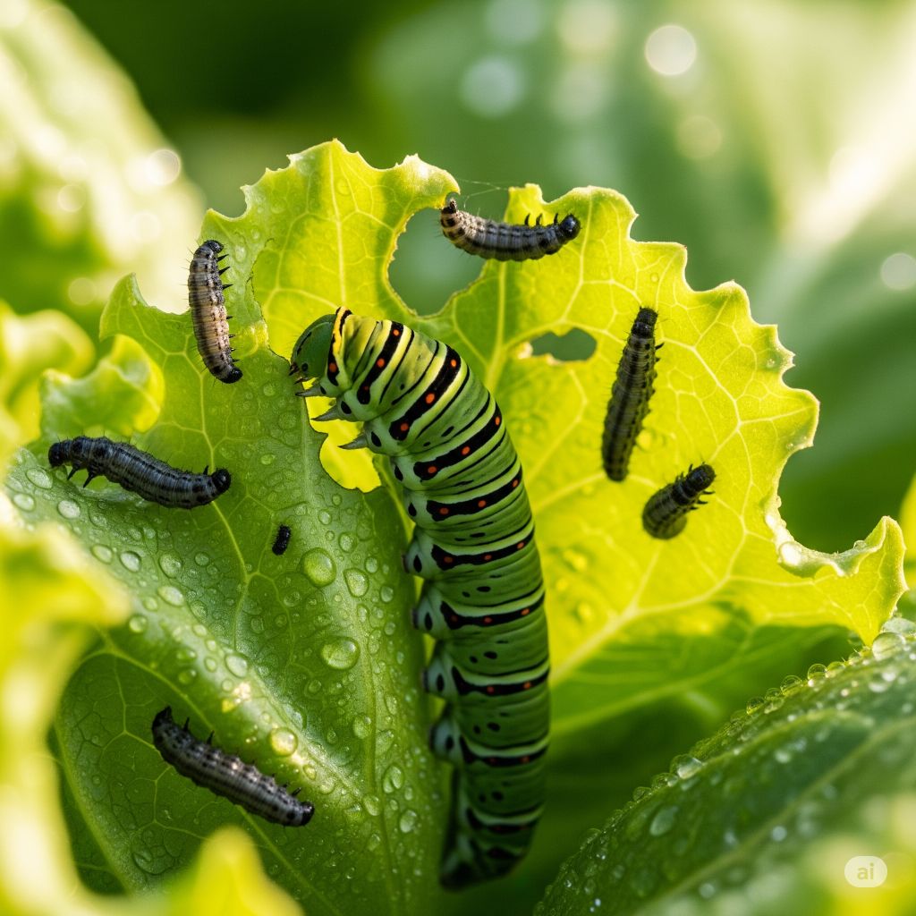 caterpillars and insect larvae eating lettuce