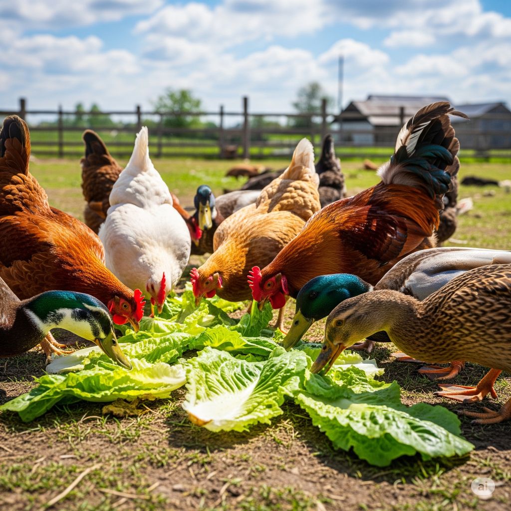 chicken and ducks eating lettuce