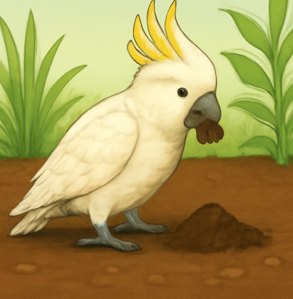 Sulphur-crested Cockatoos eating soil