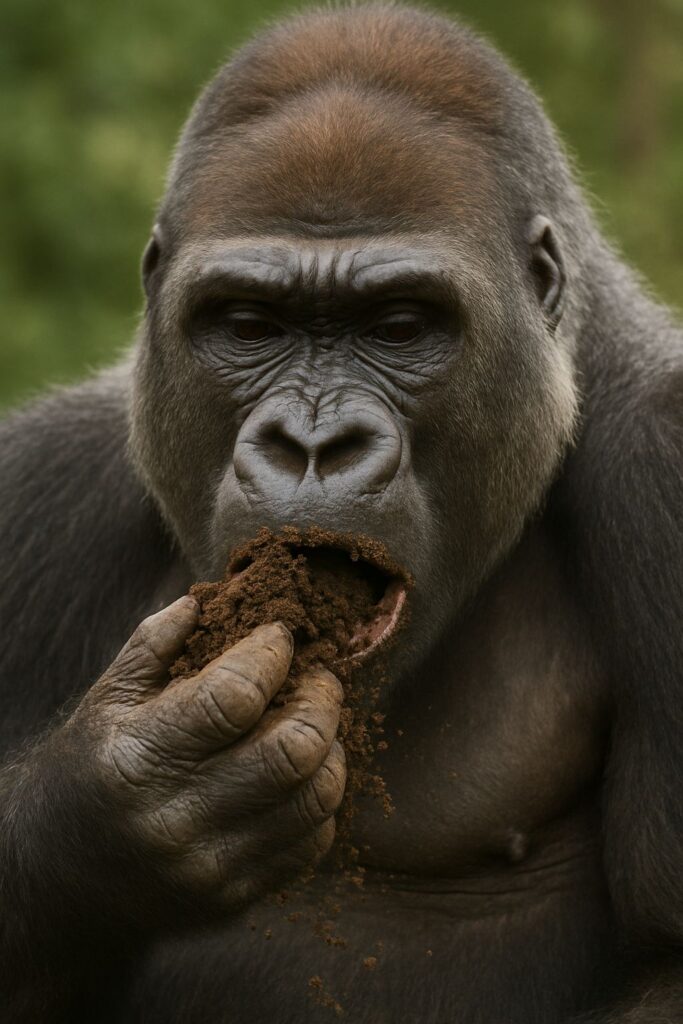 gorilla eating soil