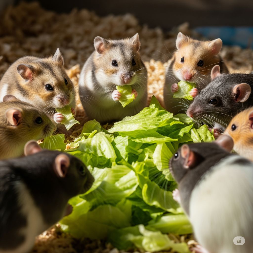 hamsters and rats eating lettuce