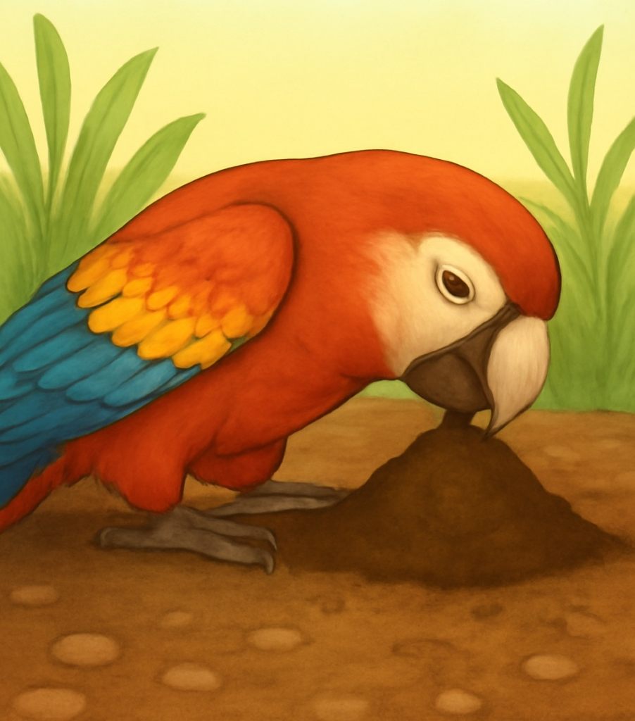 Parrots and Macaws eating soil