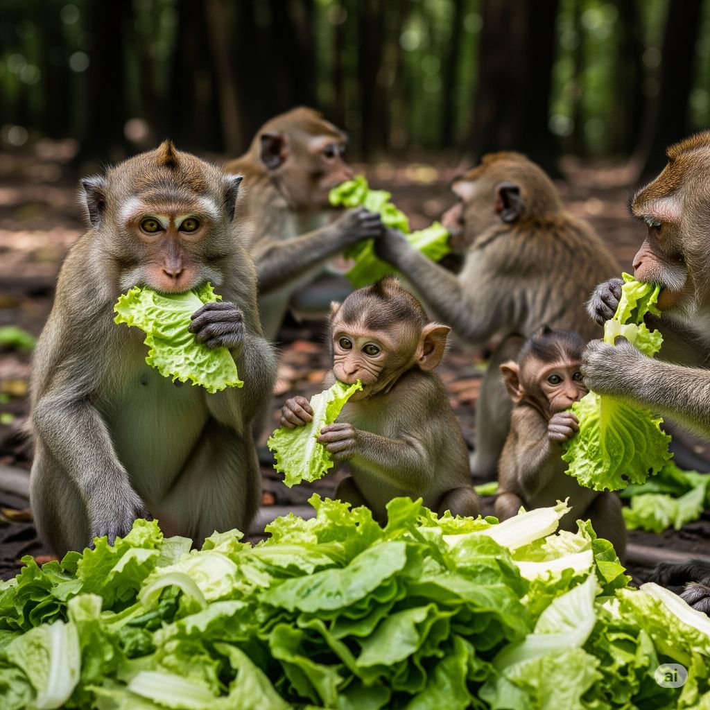 monkeys eating lettuce