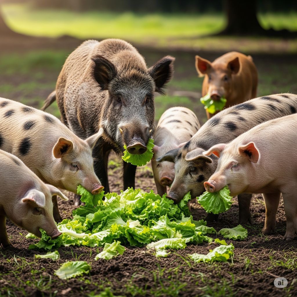 pigs eating lettuce