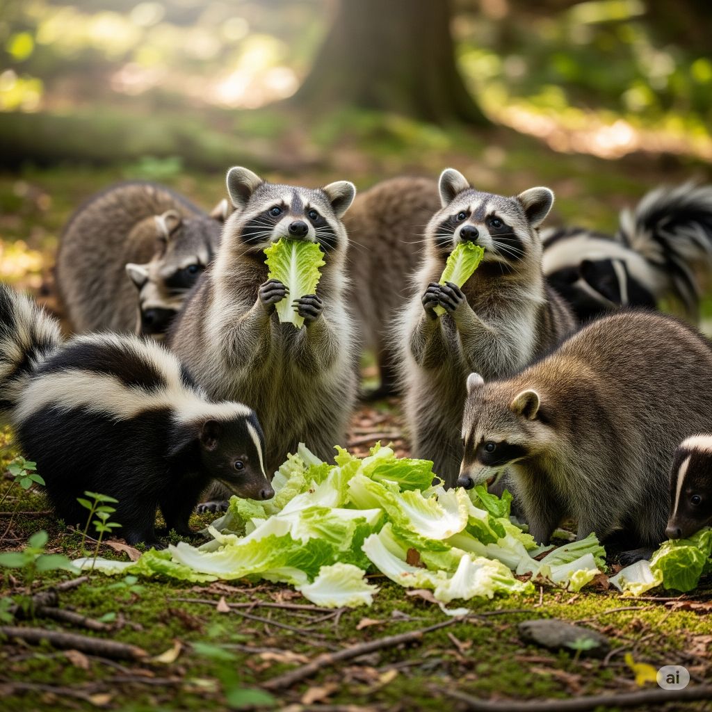 Skunks and Raccoons eating lettuce