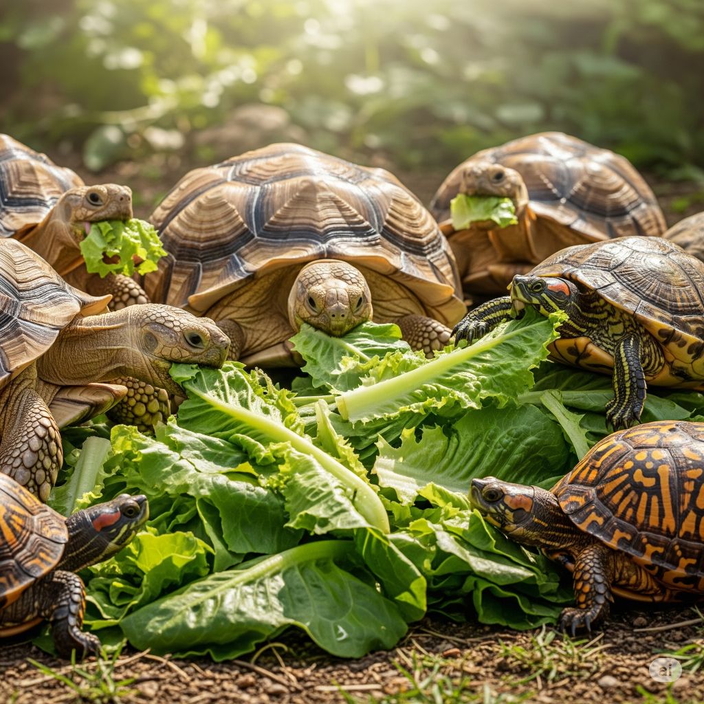 tortoises and turtles eating lettuce